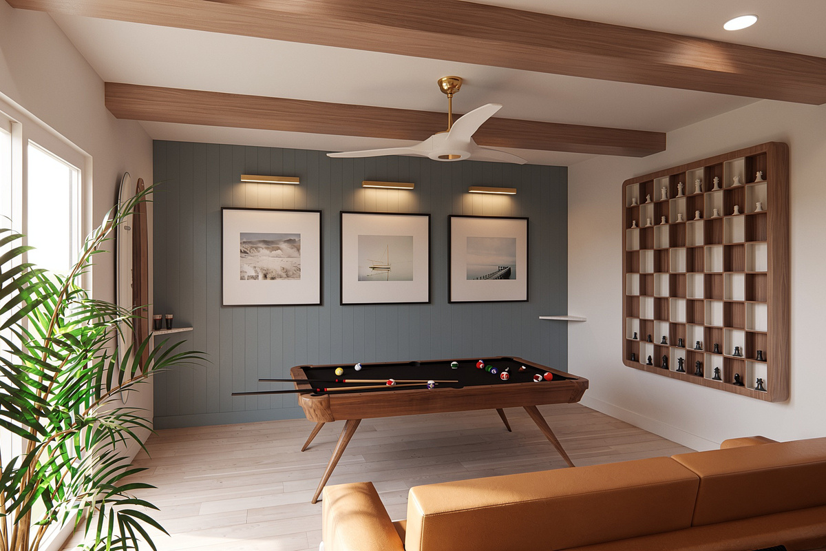 Game Room featuring a Pool Table, Custom-Glass Ping Pong, Shuffleboard, Foosball, and Arcade Games | Rendering 