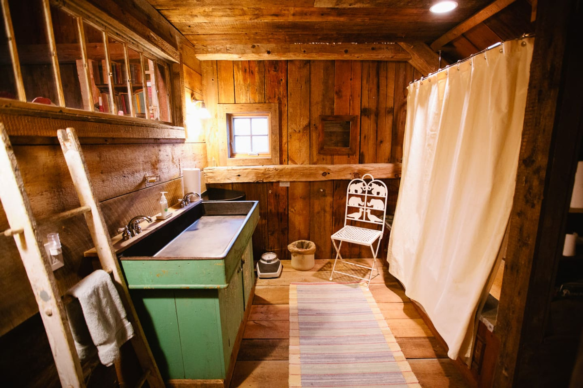 Upstairs full bath. The cast iron farmer's sink is our version of a double vanity. 