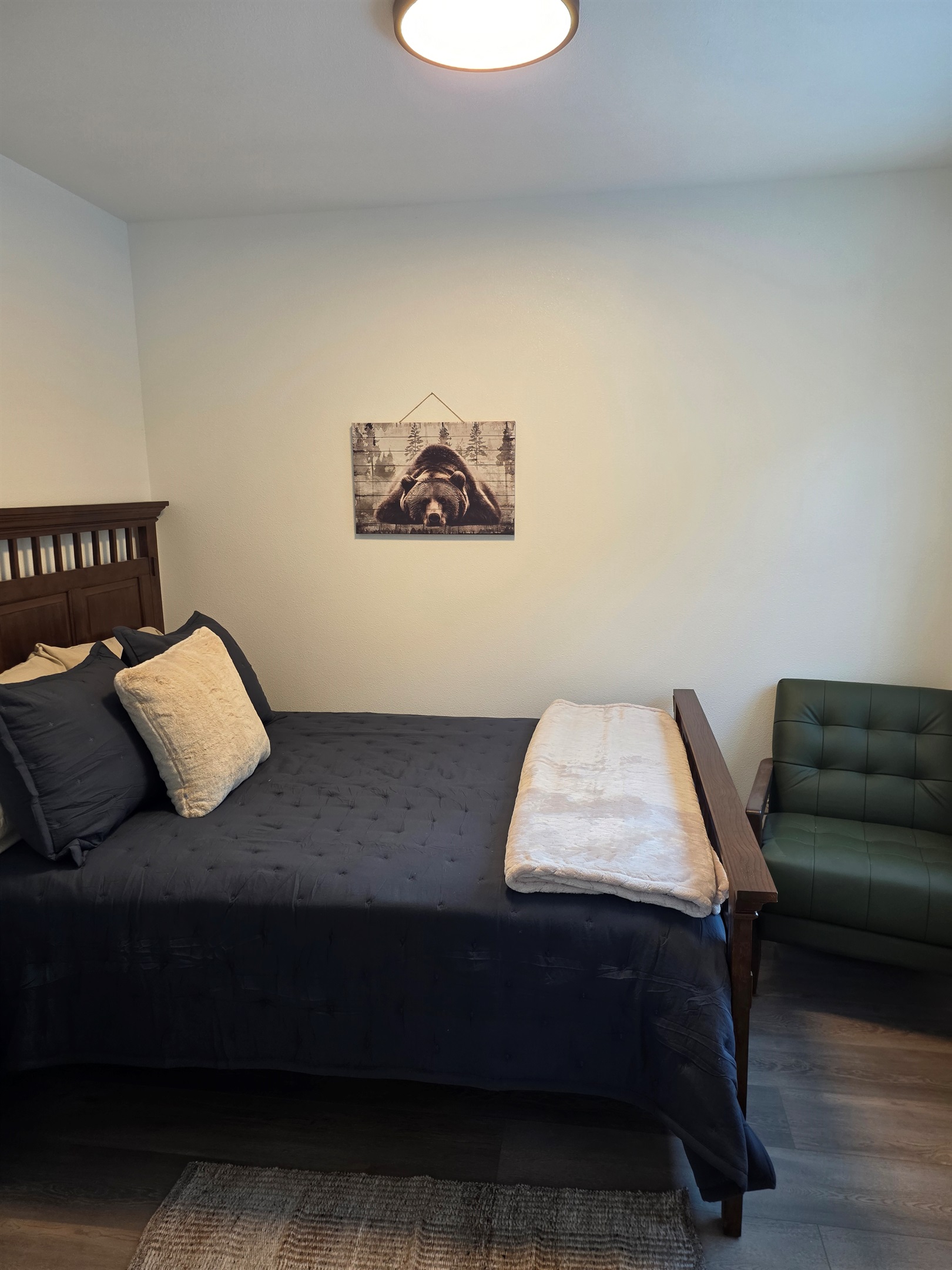 Bedroom on main floor includes a Queen Size Bed with night stand, closet space, chair and TV.