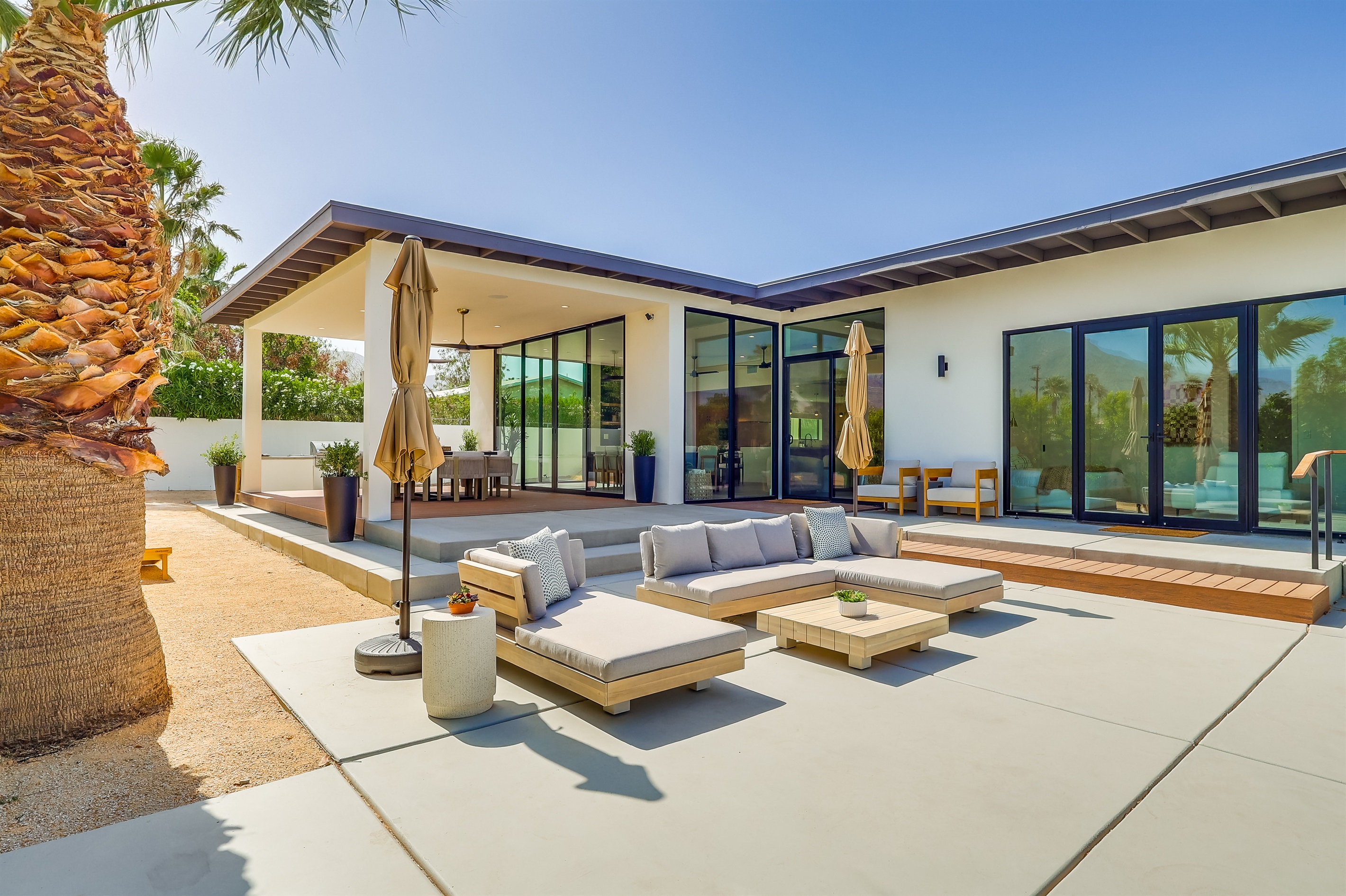 Outdoor space with several seating areas