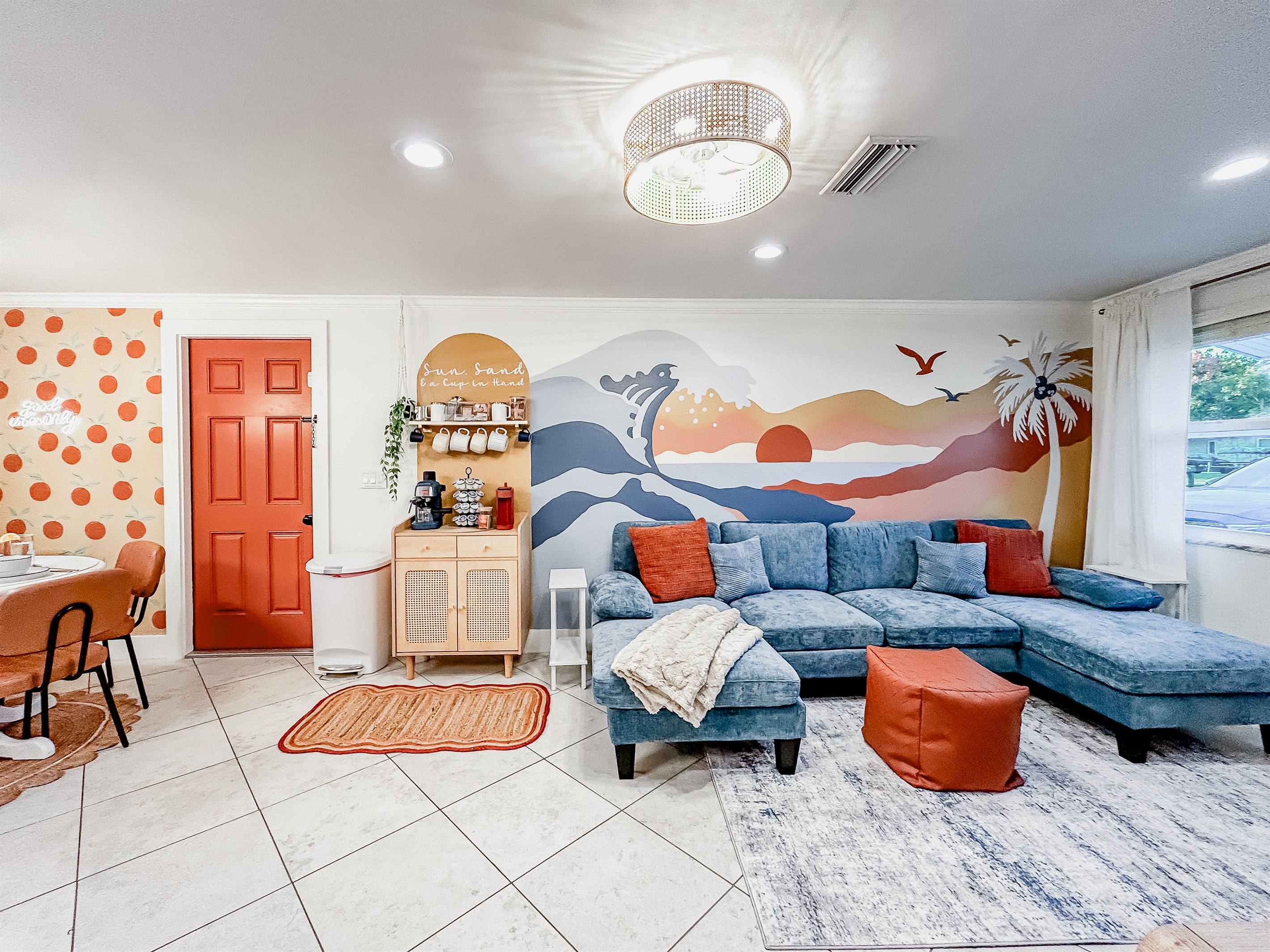 Sun, Sand & a Cup in Hand Complimentary Coffee Bar with Espresso Machine, Keurig, Drip Coffee, Tea Kettle, & Local Artist Mural