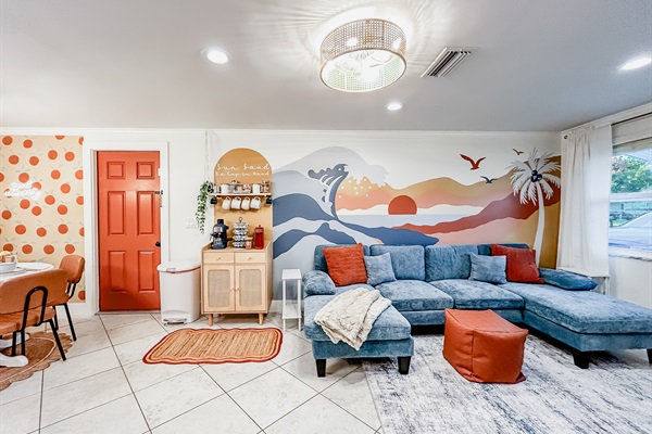 Sun, Sand & a Cup in Hand Complimentary Coffee Bar with Espresso Machine, Keurig, Drip Coffee, Tea Kettle, & Local Artist Mural