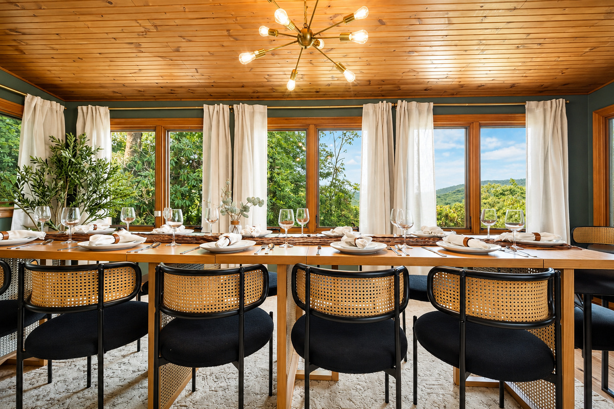 {Dining Room} Seat 16+ for family reunions, group dinners, retreats, or an intimate micro wedding—gather everyone around one table with the Blue Ridge Mountains as your backdrop.
