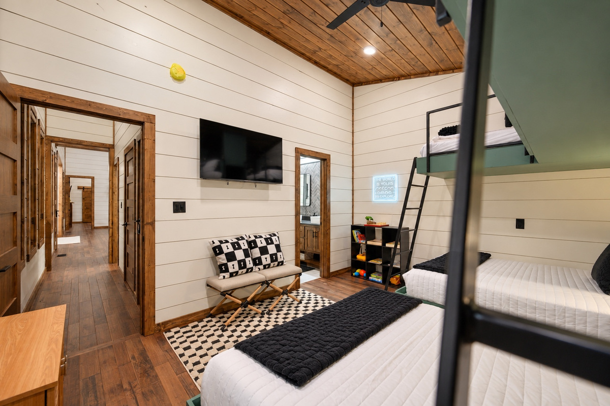 A playful bunk-room retreat for bedtime stories and sweet dreams.