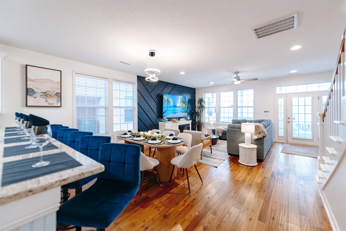 [Open Concept Living/Dining] Space to Gather, Laugh & Lounge Plush seating, 86" Smart TV, and breezy balcony access make movie nights and morning coffee equally perfect.