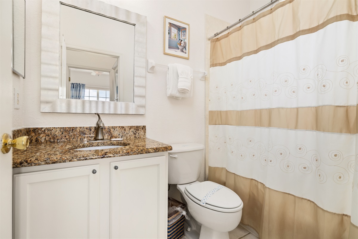 The first floor full bath is open to the hall and has a tub and shower combo.