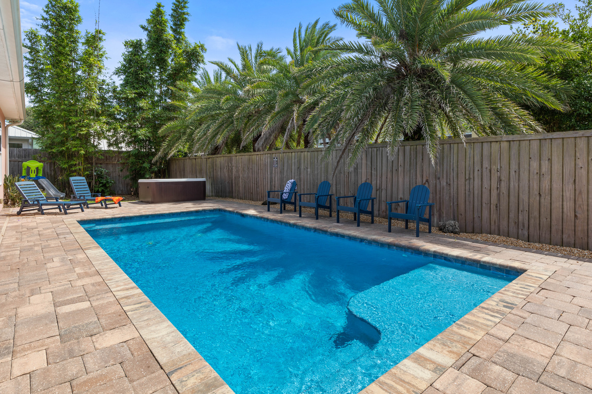 Tall palms rise behind the pool, and a built-in corner step gives younger swimmers an easy way in and out.