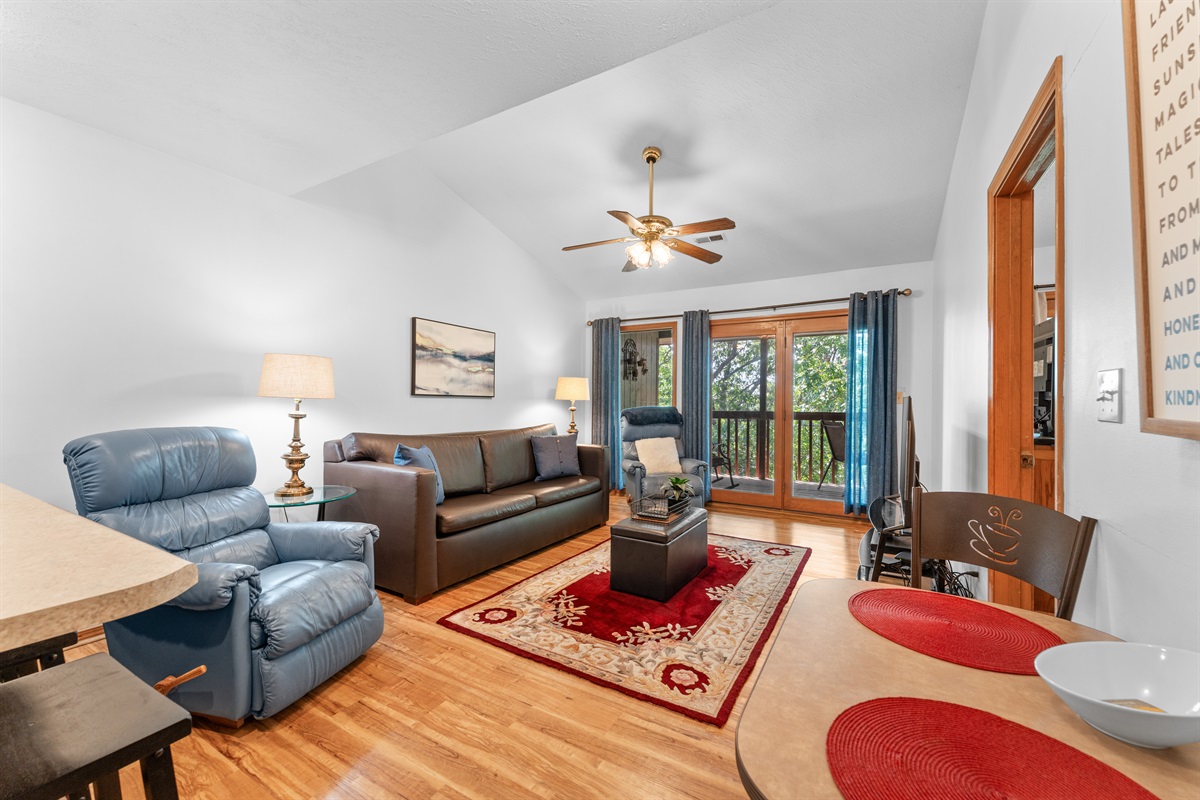 Two recliners, a sofa, and a flexible layout make it easy to unwind together.