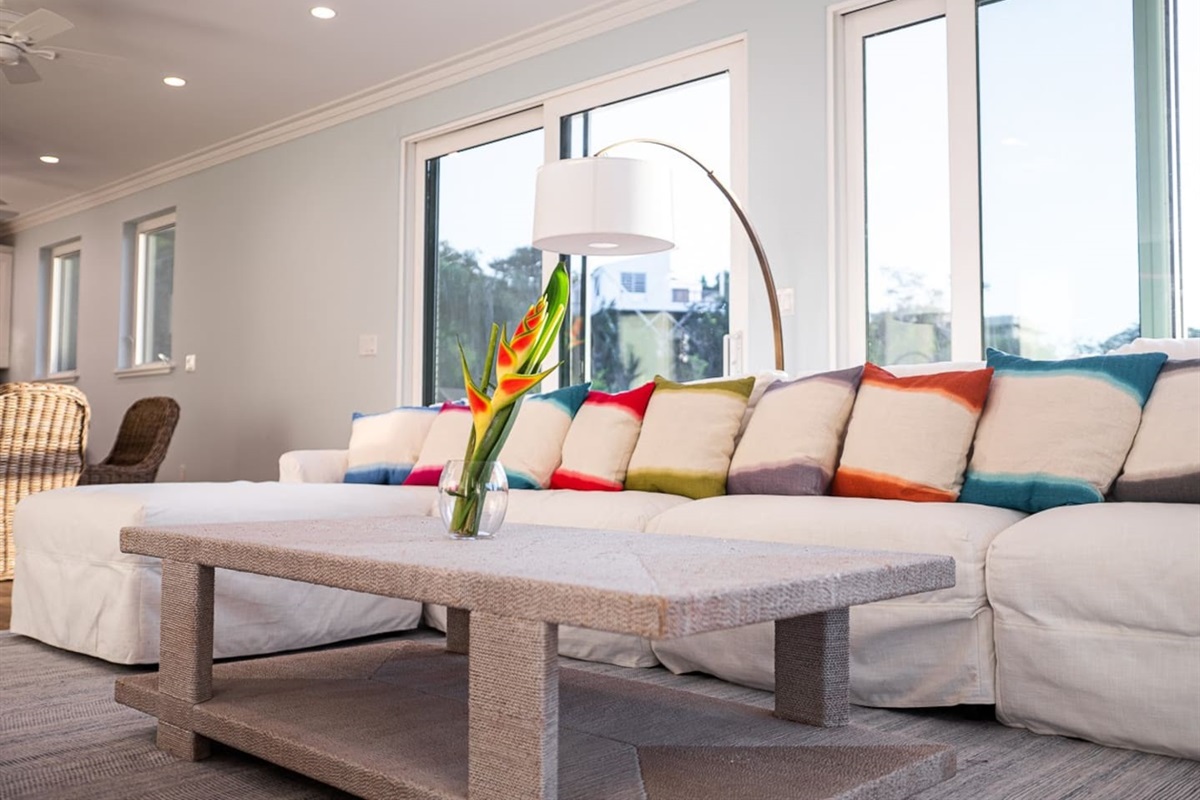 A comfy sofa to relax after a day of exploring.