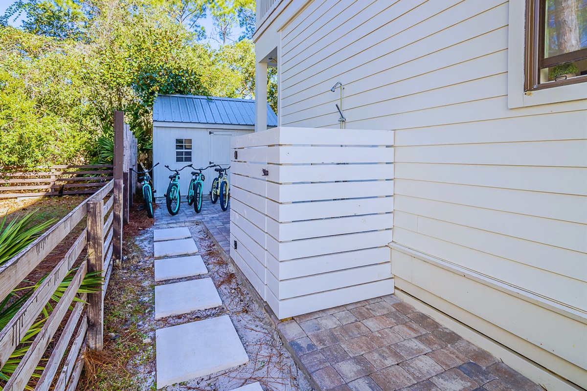 Outdoor shower with hot & cold water for rinsing off the sand after the beach