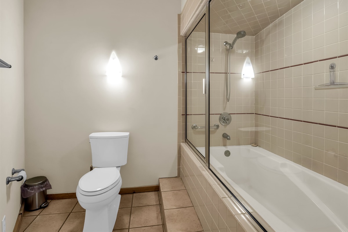 Downstairs bathroom with steam shower and side by side sinks.