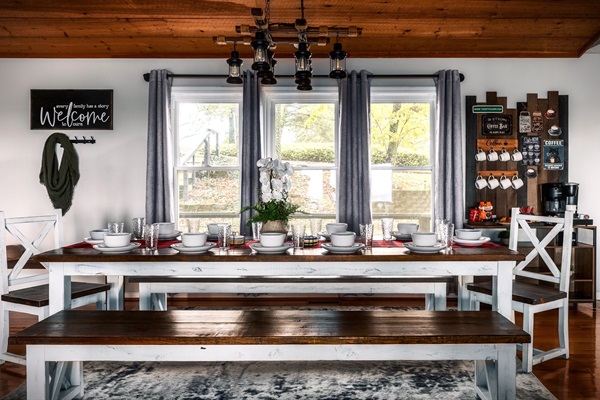 Gather everyone around our oversized farmhouse dining table, thoughtfully designed to truly accommodate 12 guests comfortably so nobody gets left out of the conversation.