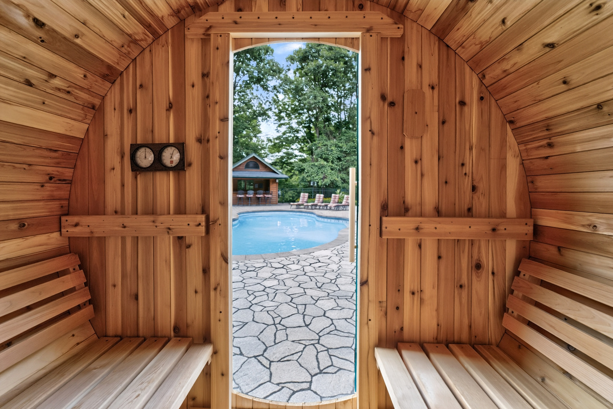 Wood-lined sauna with tiered benches