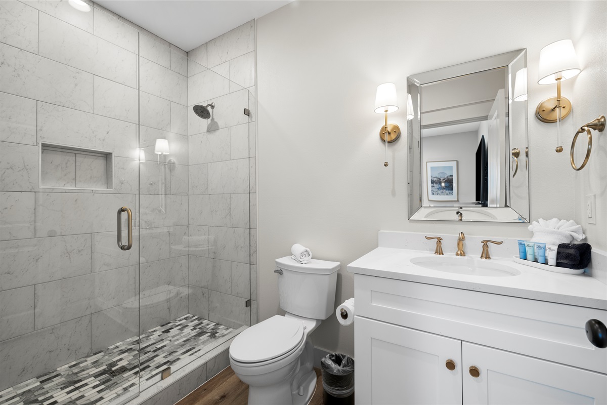 Full bathroom just off the 2nd floor living room with a custom walk in shower