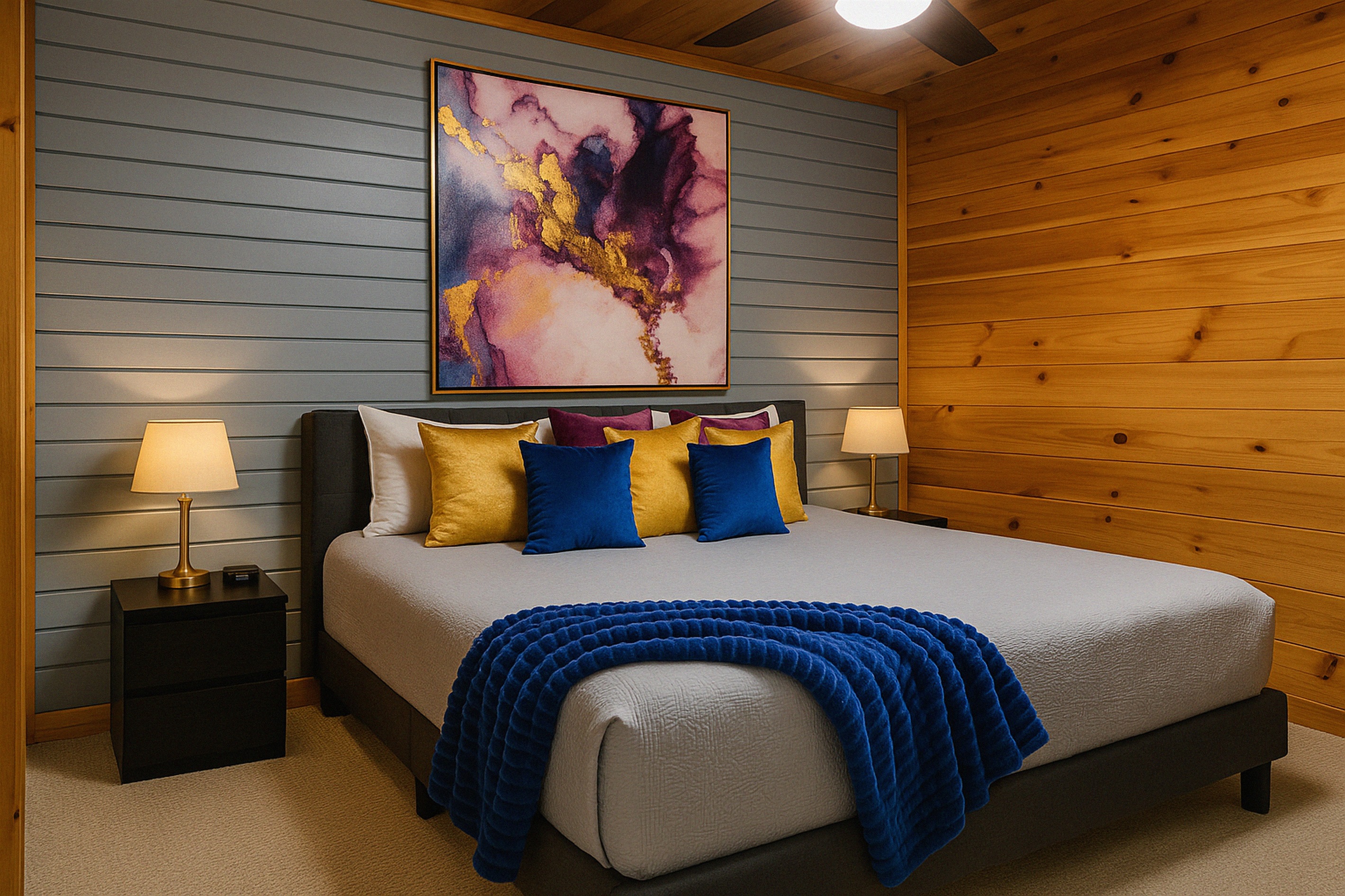 King En-Suite Bedroom with attached full bathroom. Large streaming Roku TV for endless entertainment. 1 of 3 bedrooms. 