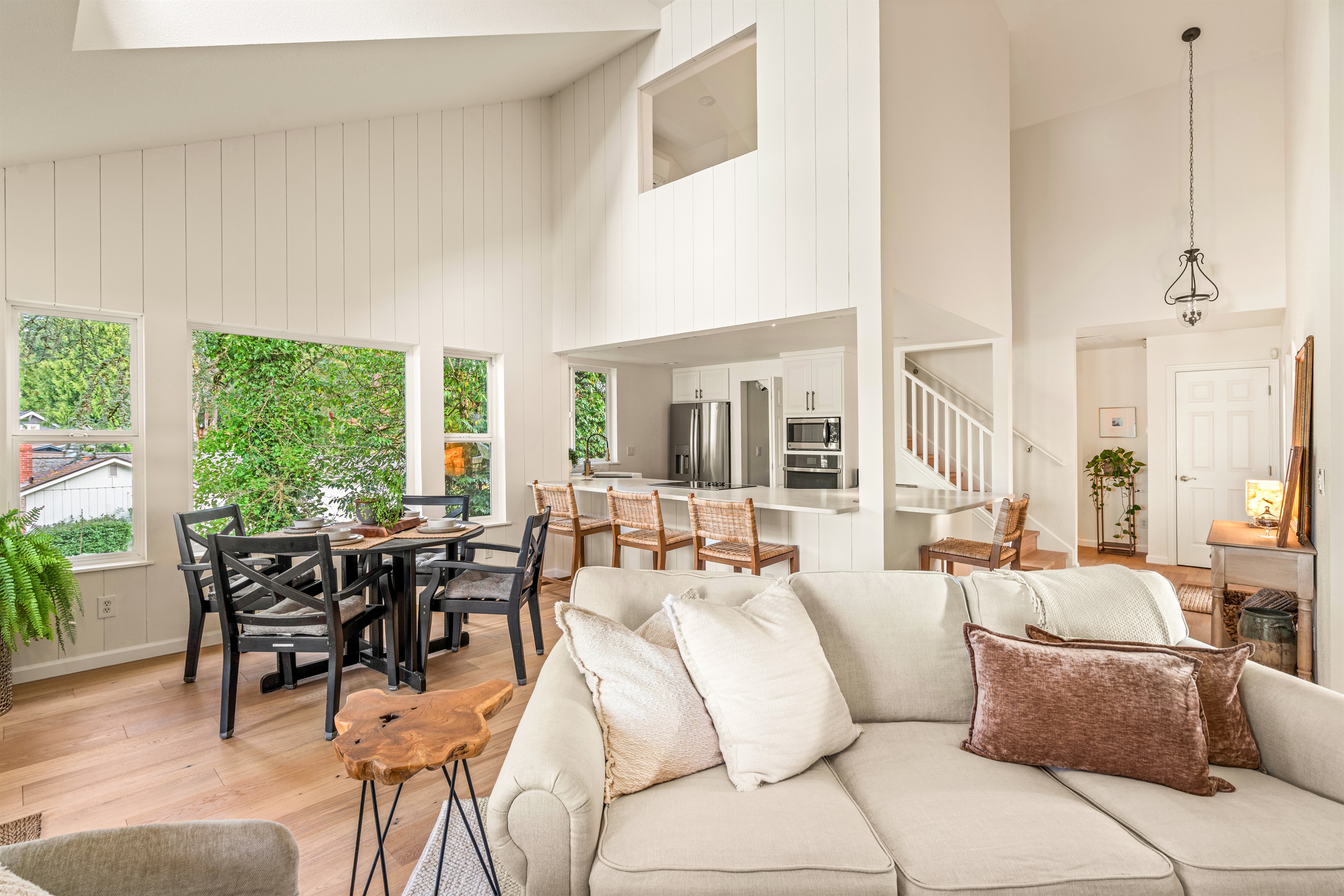 Vaulted ceilings, open, expansive. Decorated for the discerning guest.