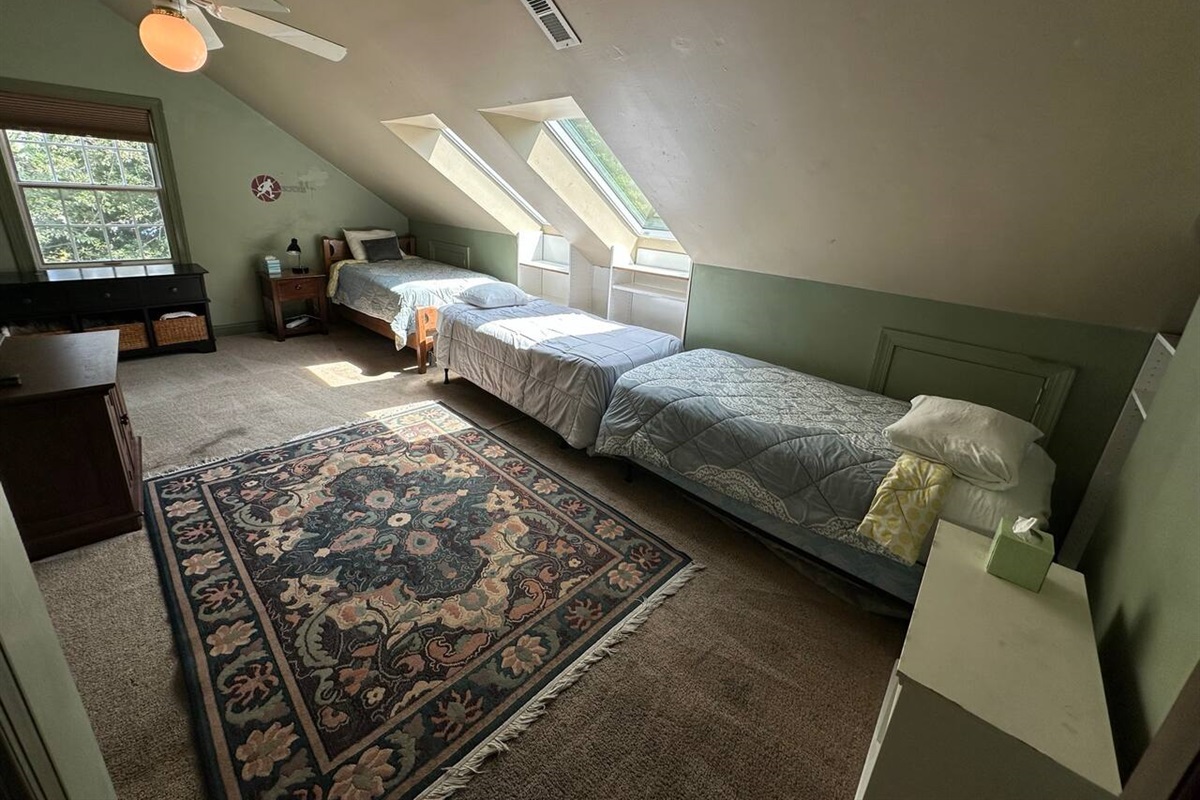 Bedroom 4 (BR4): Three single twin beds (sleeps 3) with Dresser, 2 closets, and 2 sky lights in the ceiling.