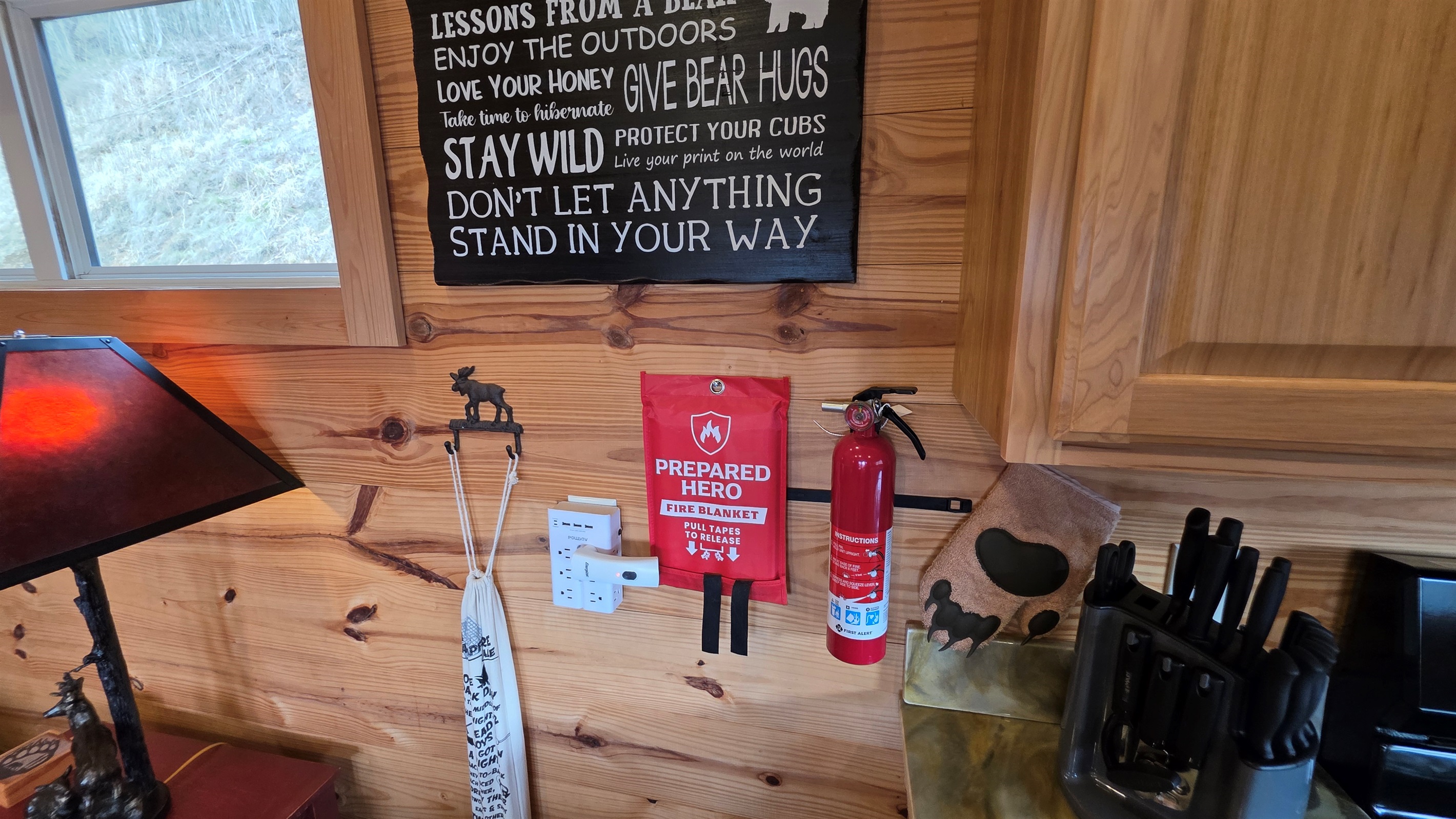 Marshmallow sticks and fire safety equipment in the kitchen.