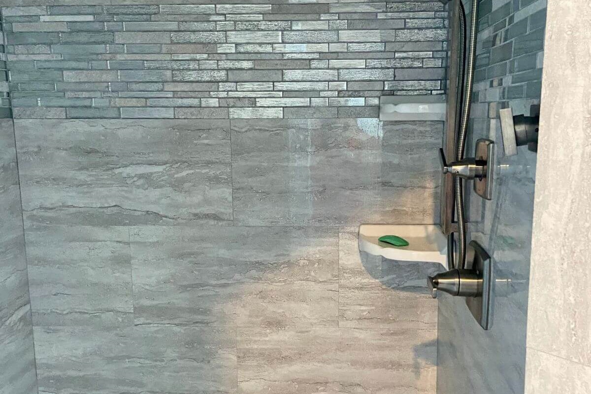 Custom tiled shower in the master bathroom.