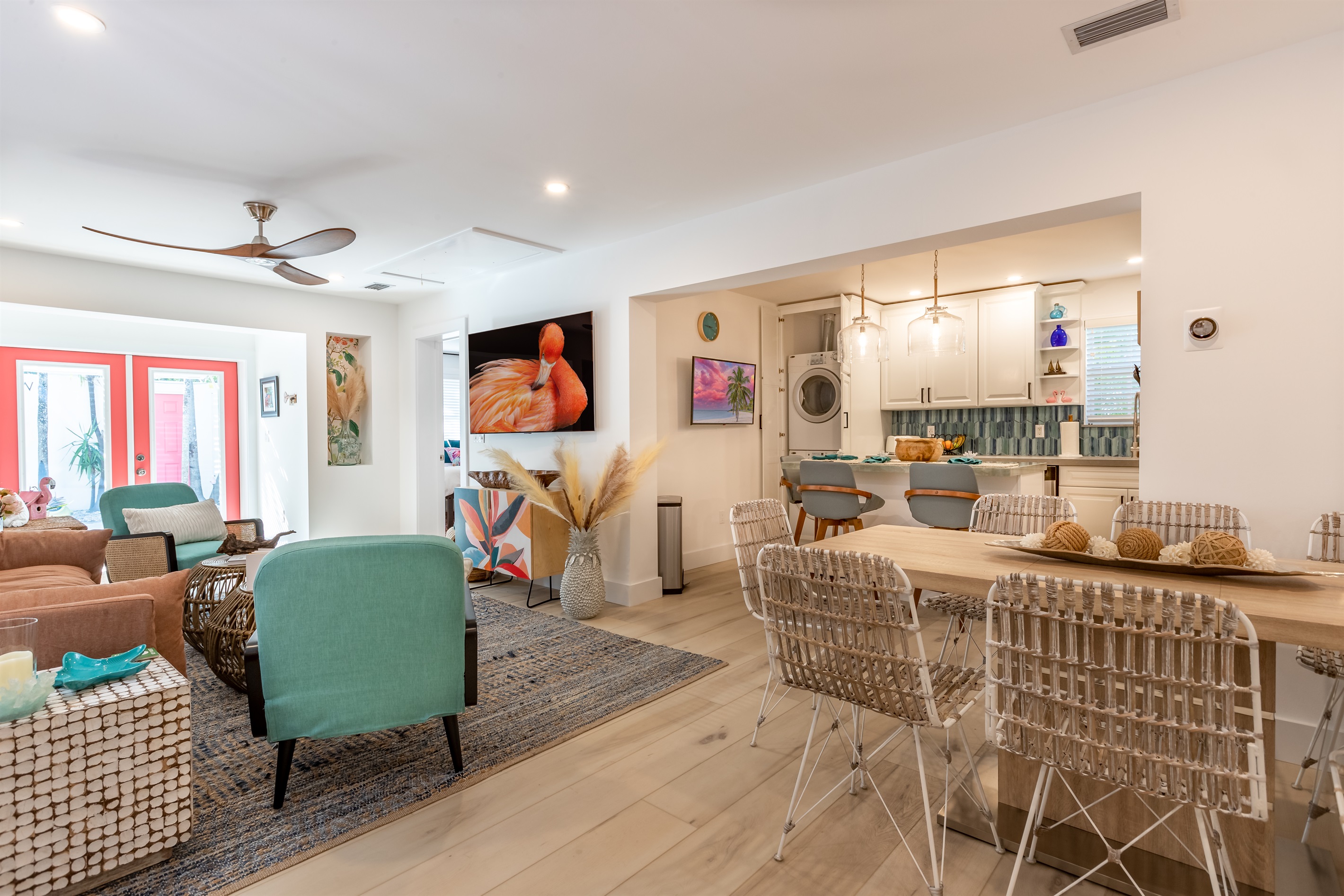 Living Room: Vibrant decor meets airy comfort—perfect for unwinding or entertaining!