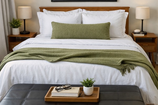 Quiet sunlit bedroom with hotel-quality bedding, full privacy, and comfortable layout, built for restful Chicago stays.