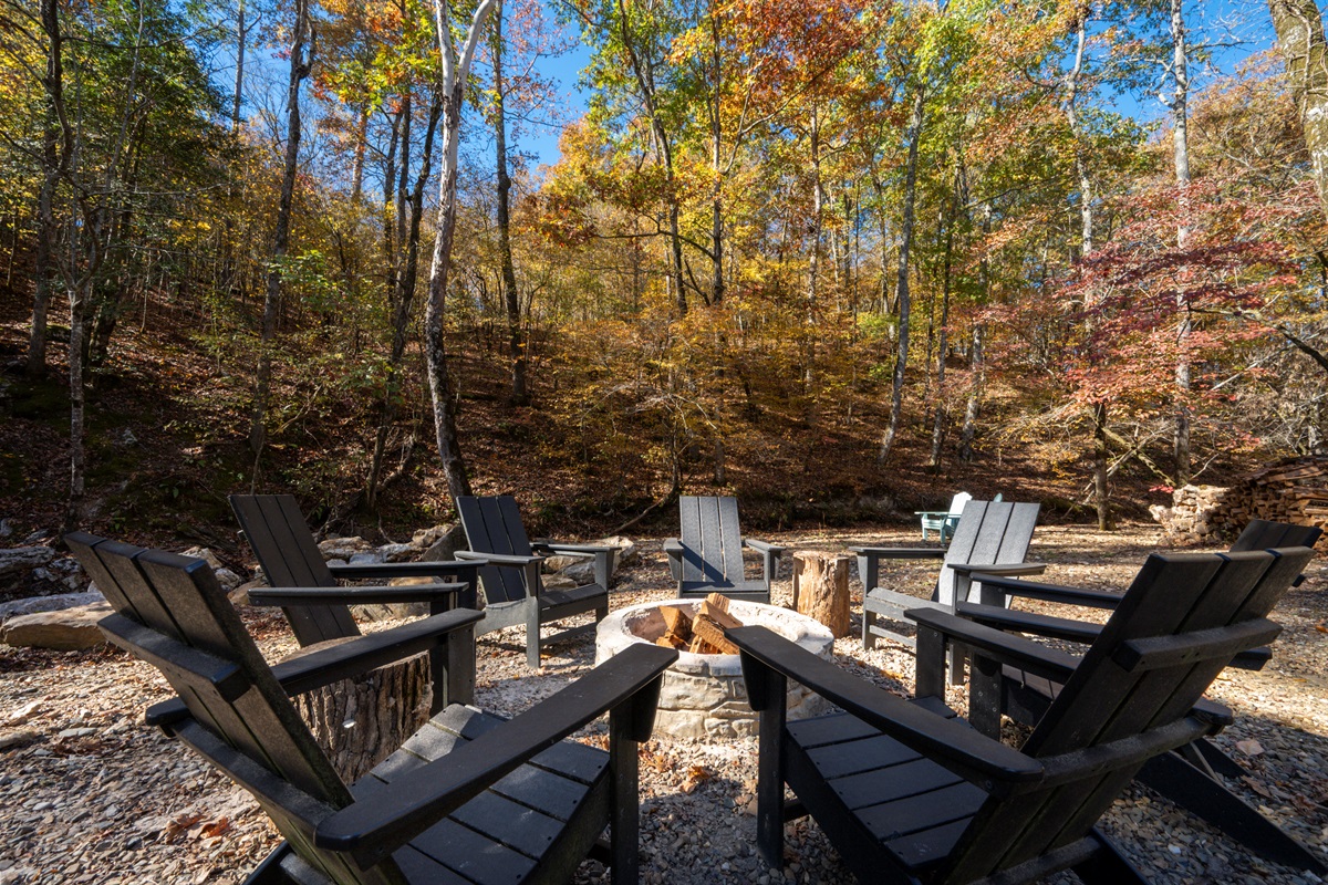 This is where nights slow down—pull up a chair, light the fire, and enjoy peaceful moments in the woods