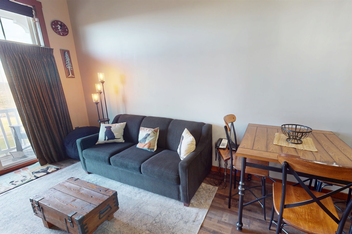 Warm up by the fire with a cup of cocoa and breathtaking mountain views right from your couch.