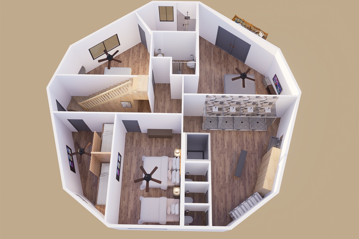 Lower level floor plan with furniture