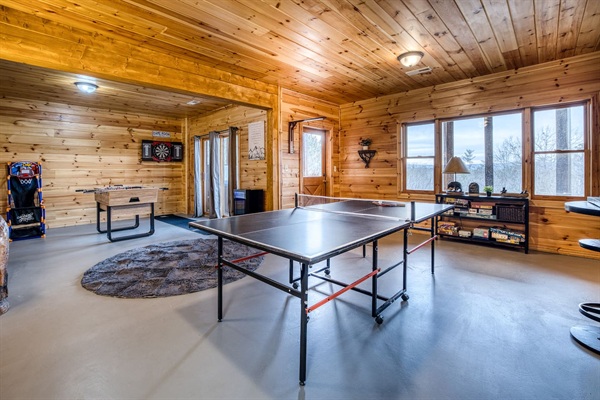 Basement game room includes ping pong, darts, foosball; wall games like connect four, ring toss, and tic tac toe; and plenty of board games, puzzles and more!