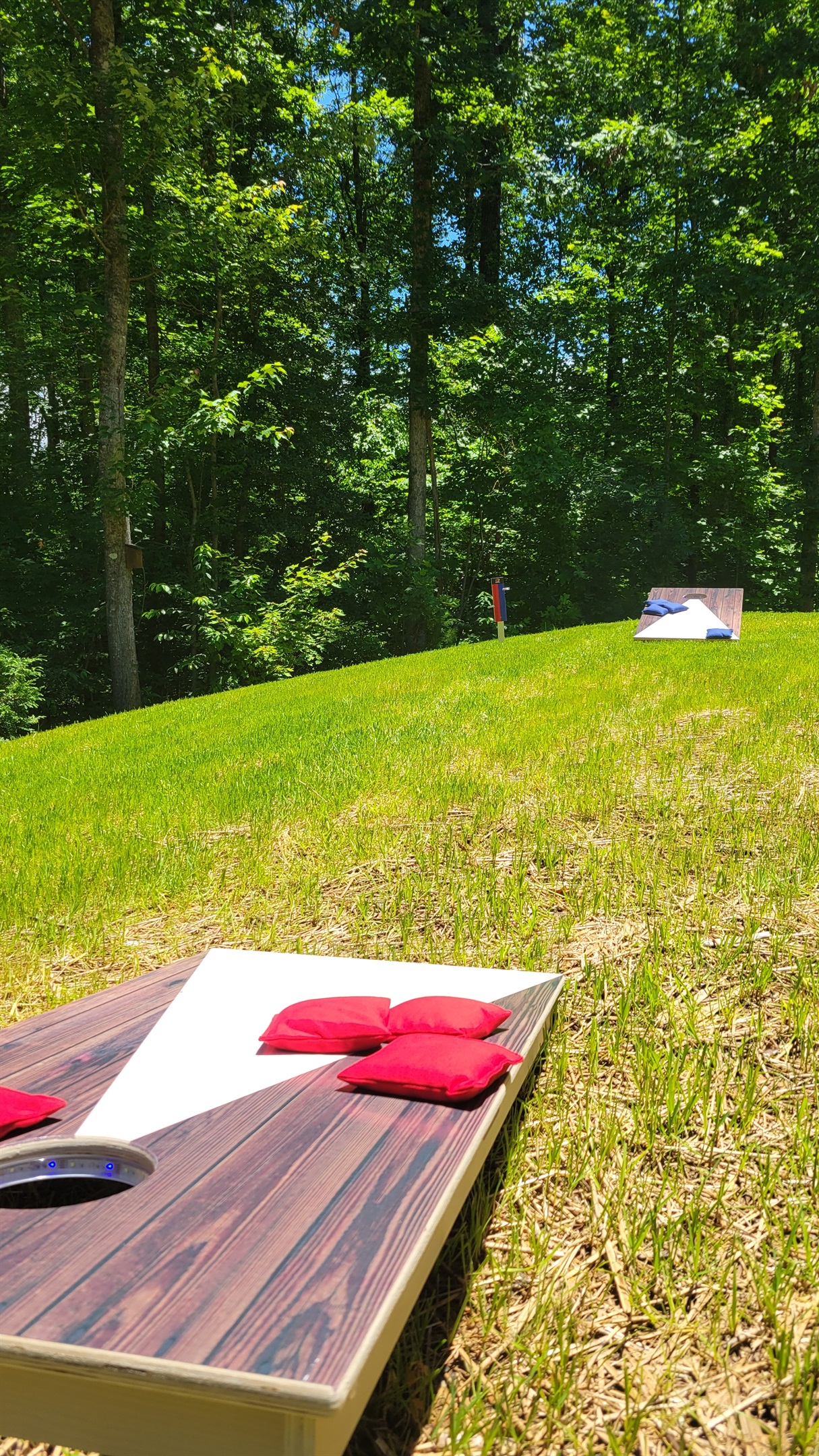 Open lawn for yard games including cornhole, Jenga blocks and large yard Pong set.