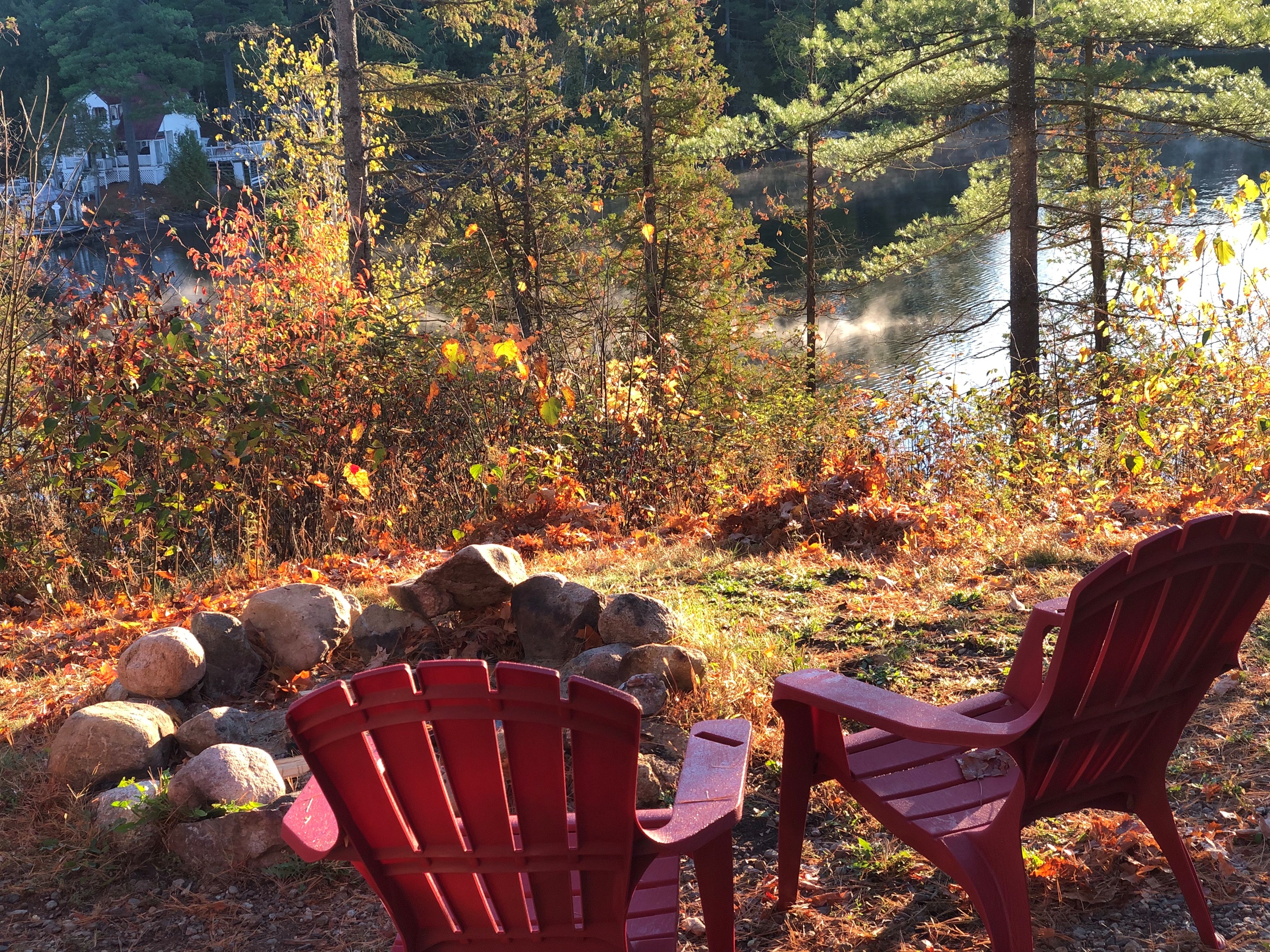 Restful lakeside scene at firepit in front of cottage