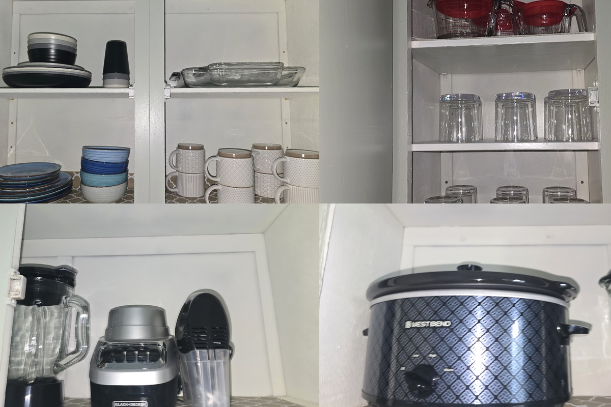Fully stocked kitchen with dishes, bakeware, blender, slow cooker & more.