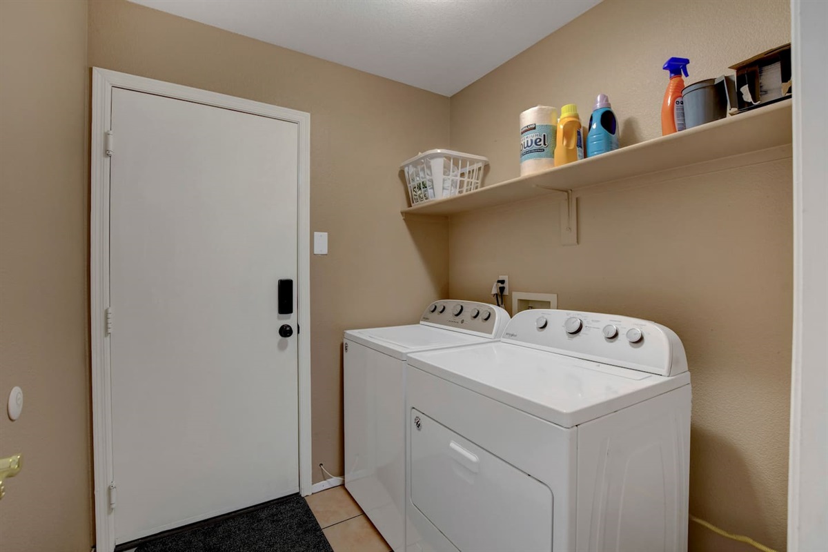 In-home laundry: full-size washer & dryer with detergents provided.