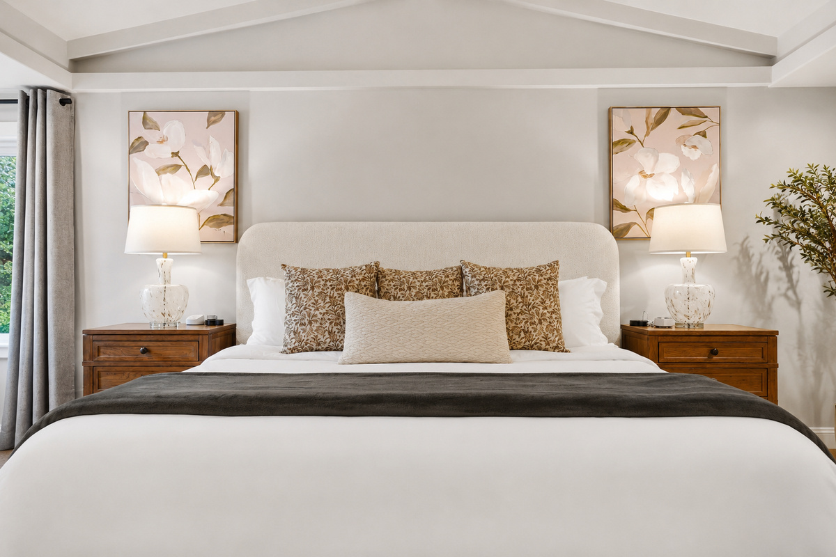 Relax in this serene bedroom retreat, featuring a plush king-size bed, soft natural lighting, elegant decor, and a tranquil design perfect for rest and rejuvenation.