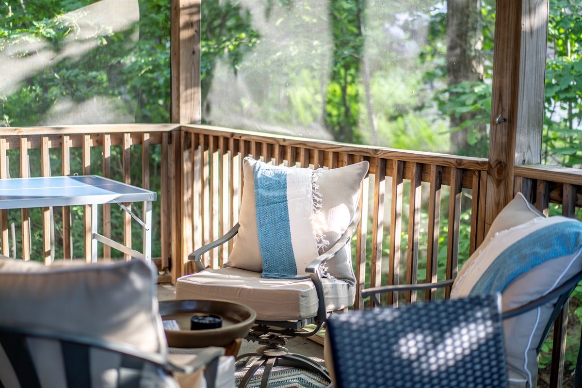 Cozy cushioned swivel chairs with a soft throw invite quiet moments on the screened porch—perfect for morning coffee, a deep breath, or relaxed conversation under the trees