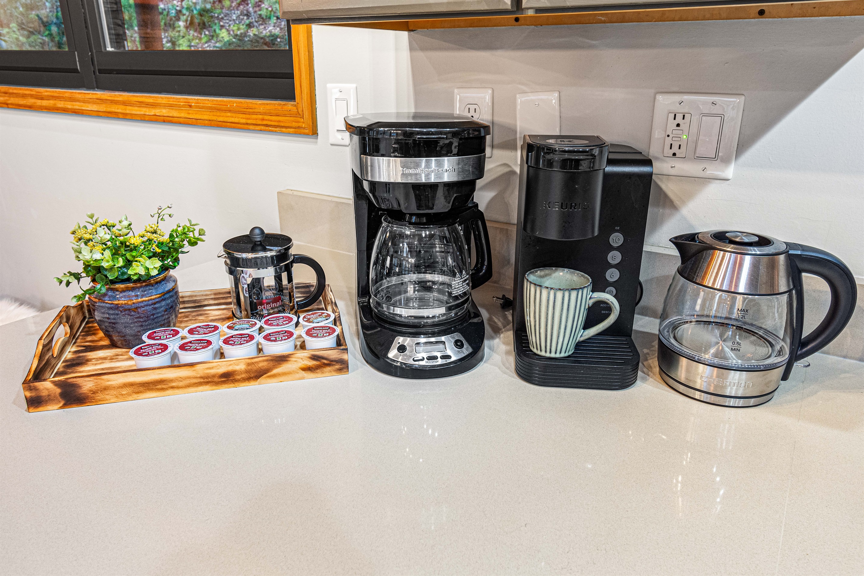 Gotcha covered with French press, Keurig, Drip Coffee and Tea Kettle.