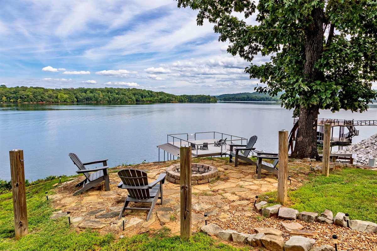 Fire pit with a stunning view of the lake