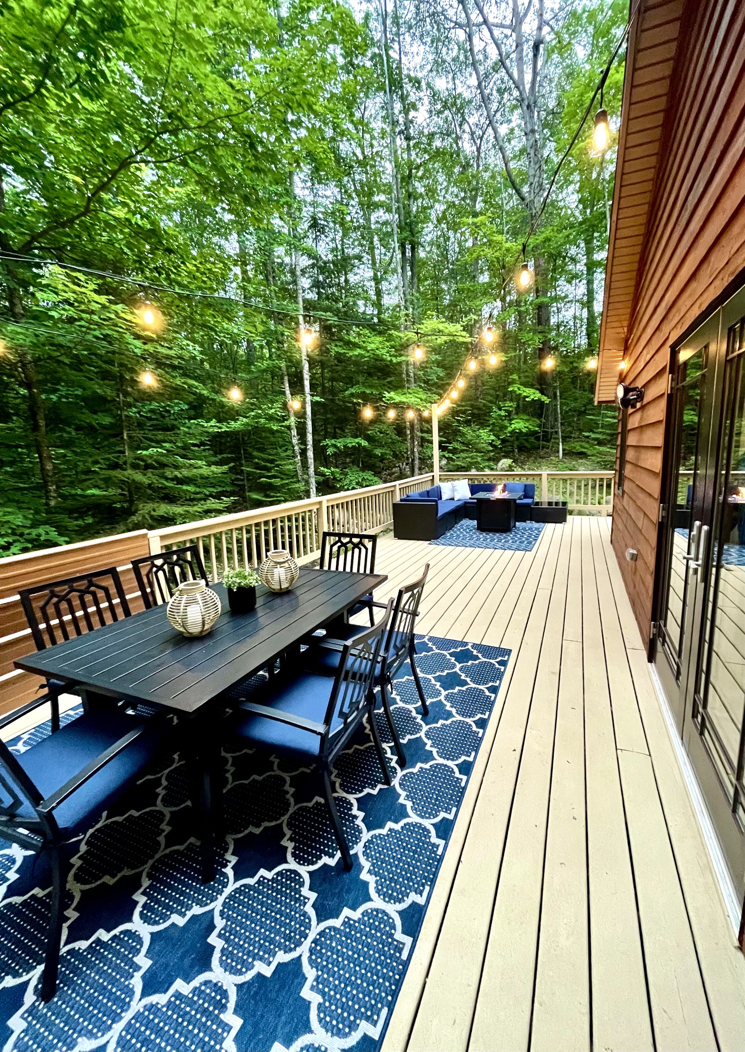 New 2022 feature dining table and lounge chair with propane fireplace string lit. Outdoor amenities seasonal mid May- 3rd week of Oct 