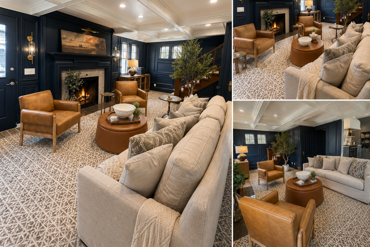 Gather around the fireplace in this spacious living area featuring comfortable seating, rich architectural character, and plenty of room to relax. 