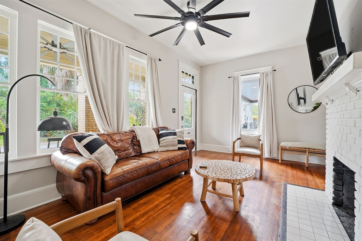Living room with couch and 50" Smart TV