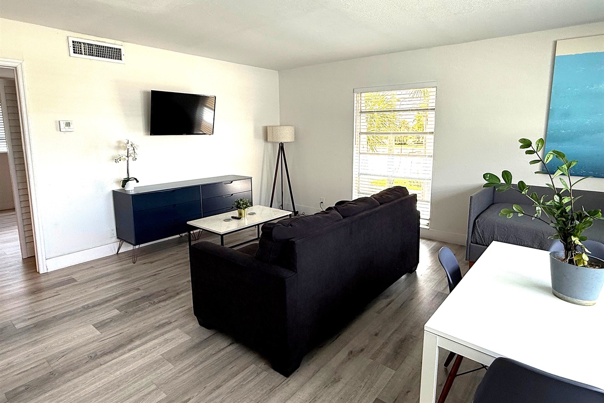 View showing smart TV, lounge chair and large window. Queen sofa bed that sleeps two guests.