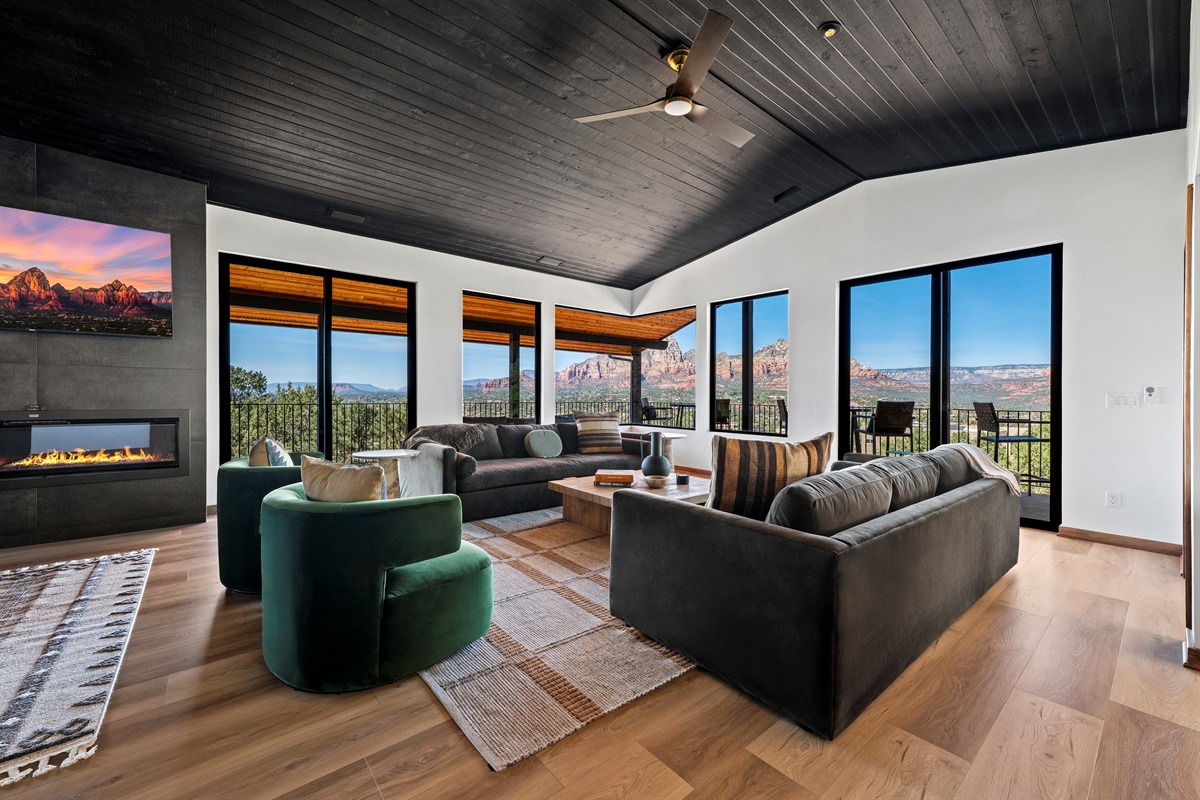 Wraparound views, a sleek fireplace, and space to unwind—Sedona living at its finest.
