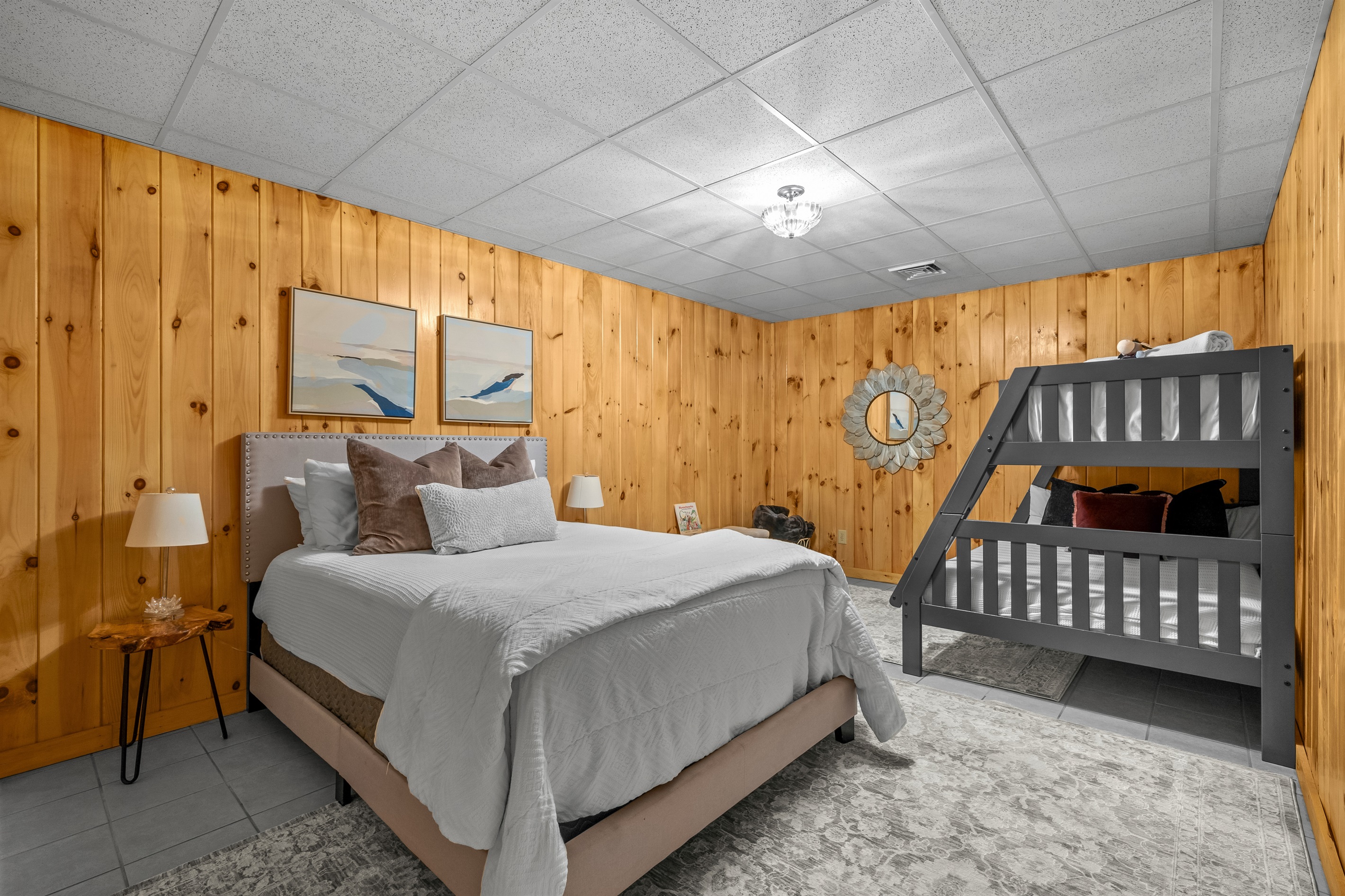 Queen bed and bunk bed (twin over full)
