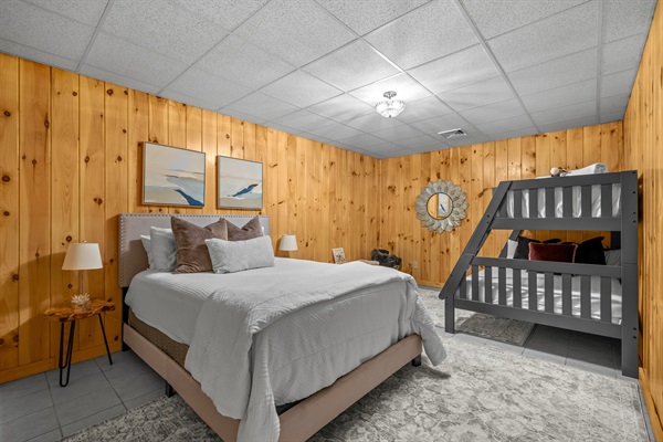 Queen bed and bunk bed (twin over full)