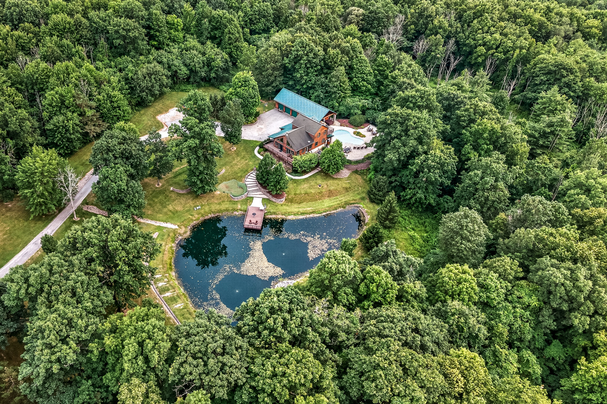 Aerial view of the grounds and pond