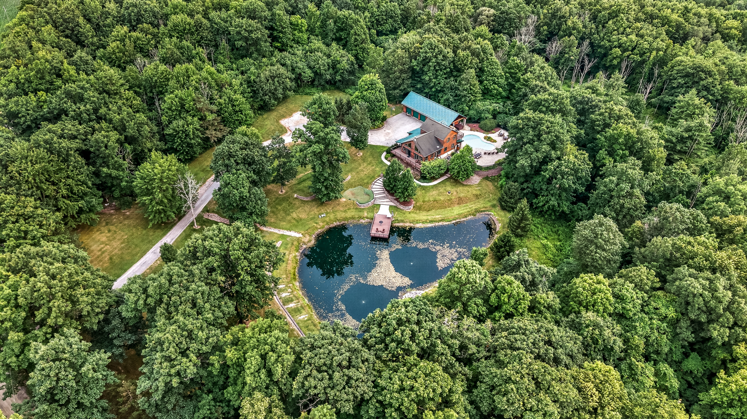Aerial view of the grounds and pond