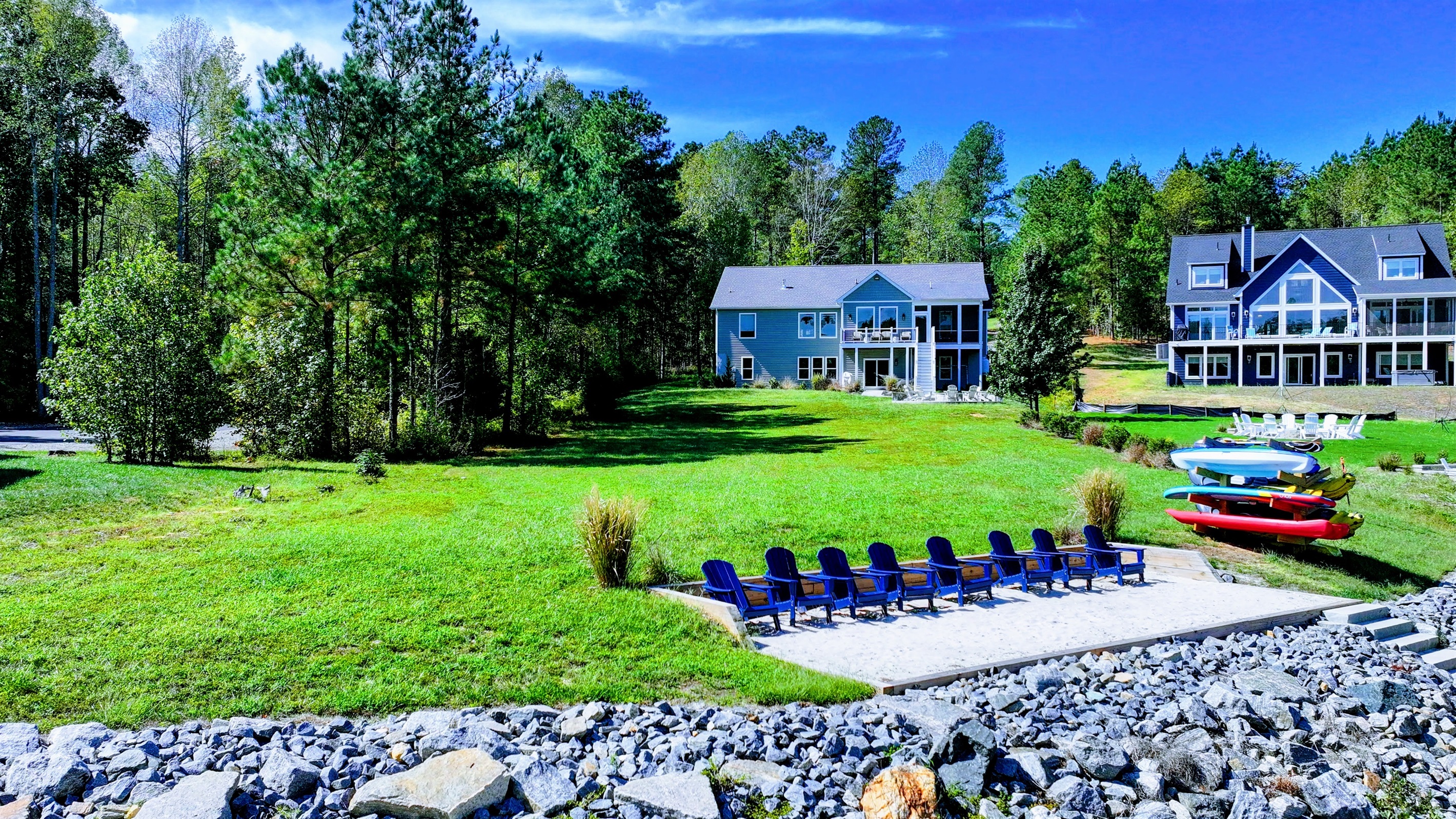 Relax by the water in Adirondack chairs and take in the stunning lake views. Cast a line for a peaceful fishing experience off the shore, enjoy morning coffee, or unwind with sunset cocktails.