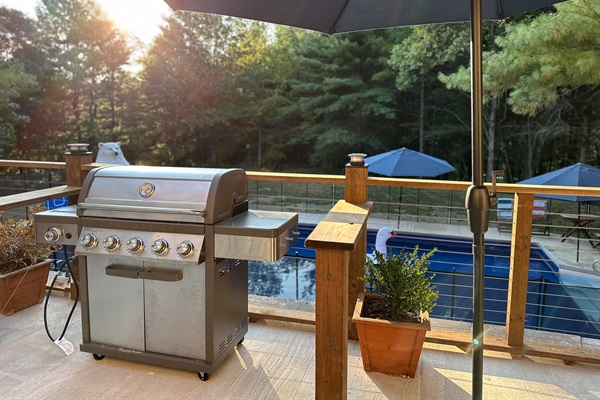 Large propane grill  for enjoying poolside meals
