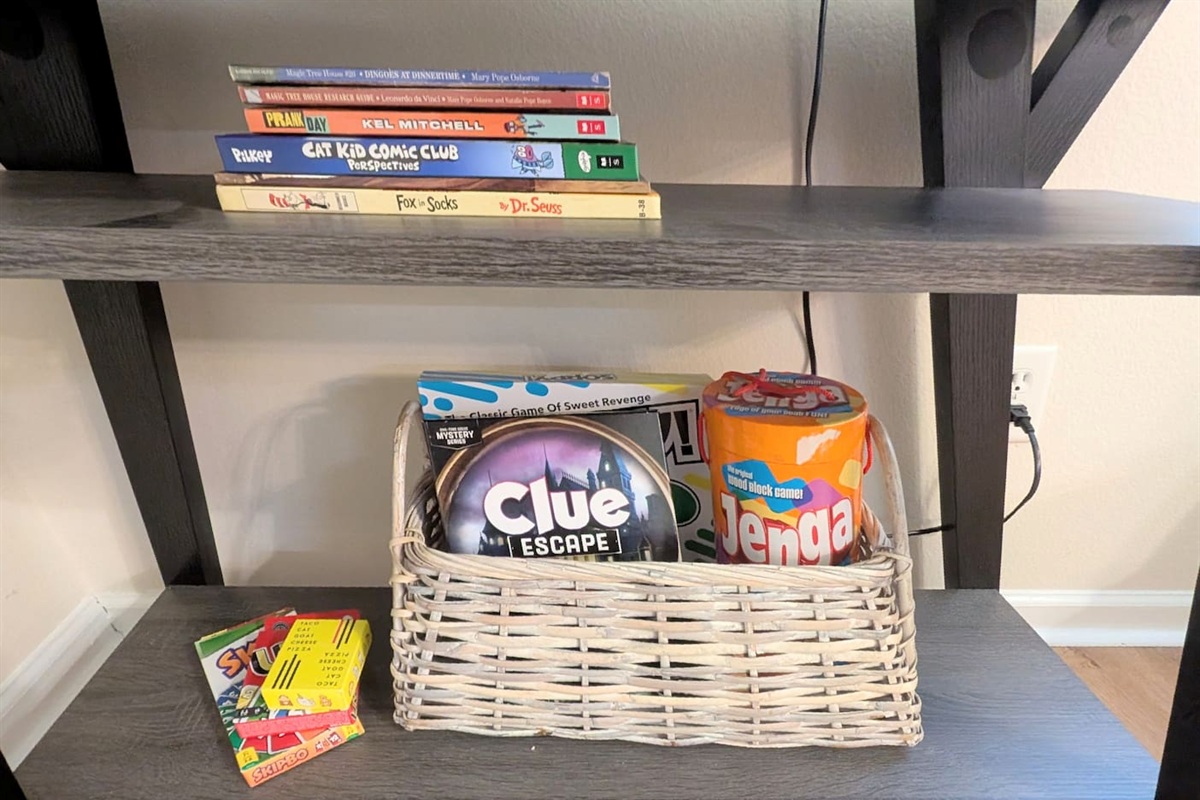 A variety of children's books and family friendly games are available to keep everyone entertained. 