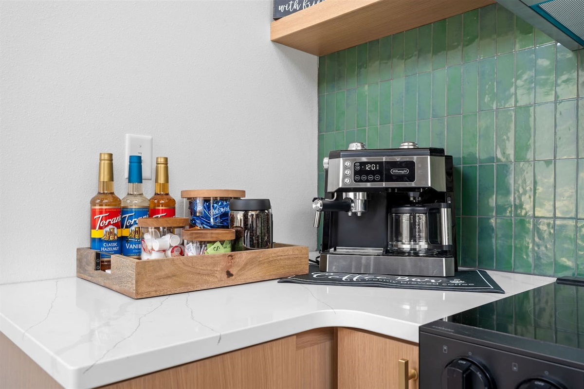 Start your morning with espresso, surrounded by the woods! Machine pictured has been upgraded to a Cuisinart Coffee Center that offers drip coffee, single K-cup, and espresso (pod) options. 